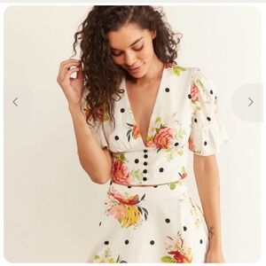 Floral Polka Dot Crop Top - Farm Rio - XS - White linen - like new